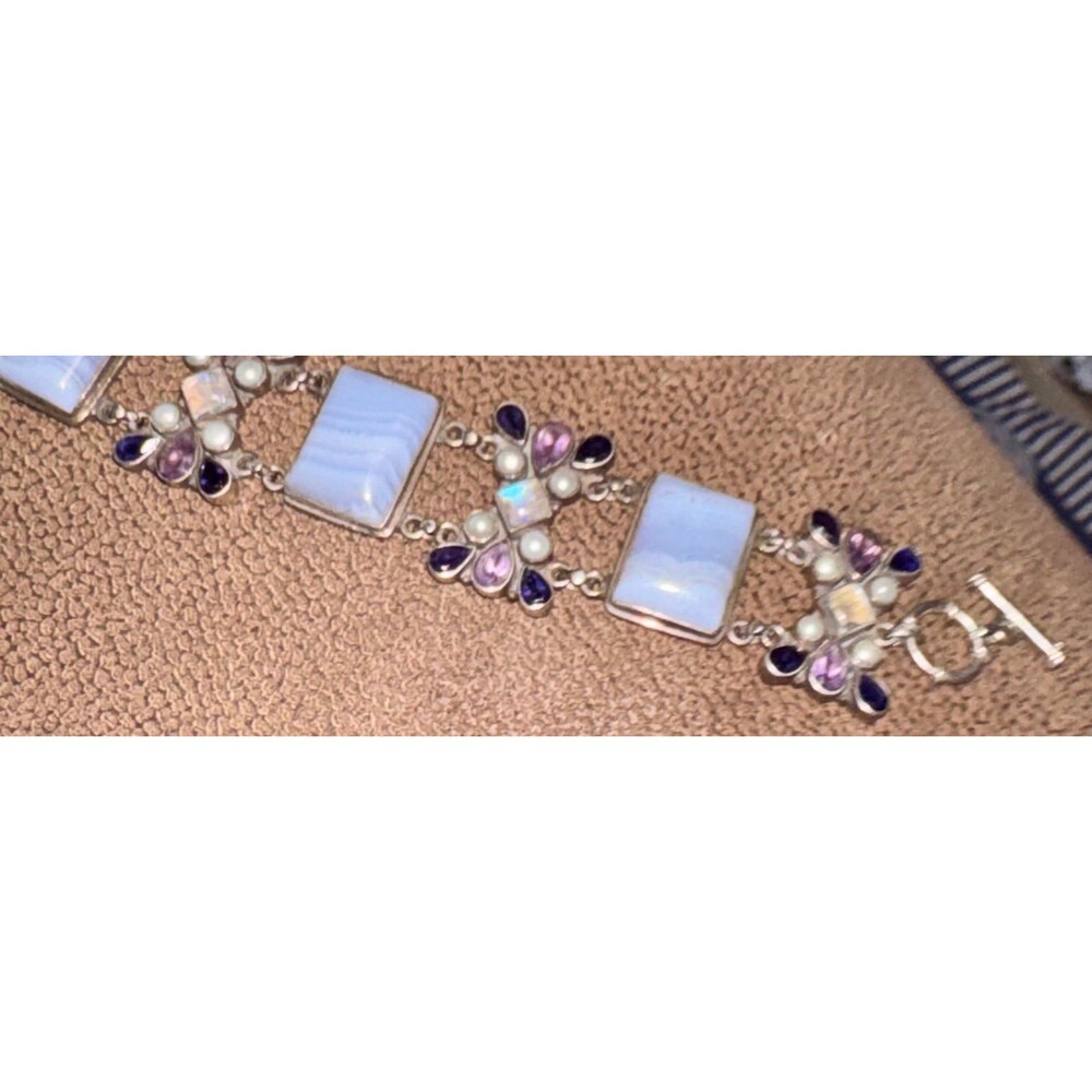 Blue Agate pearl amethyst heavy sterling silver Bracelet